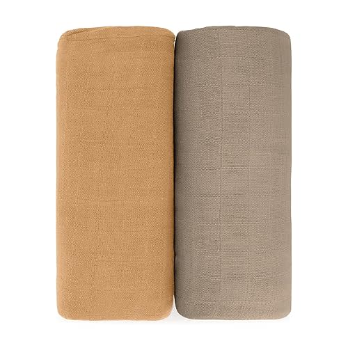 Comfy Cubs Muslin Swaddle Blankets Pack of 2, 47 x 47 Inch Soft Cotton Baby Blanket Set, Large Multipurpose Wraps for Newborns - Self-Soothing Swaddles for Newborns - Cedar & Caramel