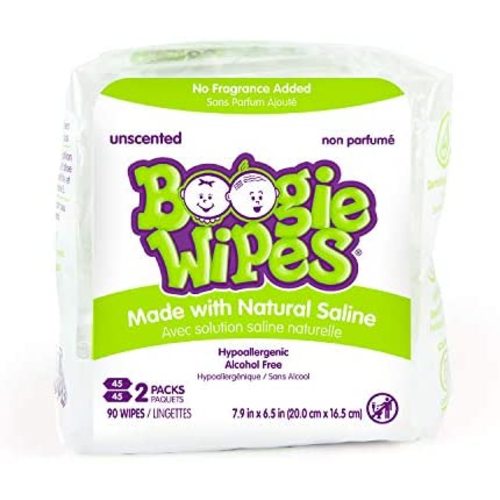 Baby Wipes Unscented by Boogie Wipes, Wet Wipes for Face, Hand, Body & Nose, Made with Vitamin E, Aloe, Chamomile and Natural Saline, 45 Count, Pack of 2