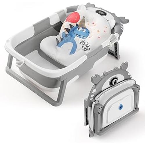 Baby Bathtub,Collapsible Baby Bath Tub with Thermometer & Soft Floating Cushion,Portable Travel Baby Bathtubs for Newborns to Toddlers 0-36 Months(Crab Gray)