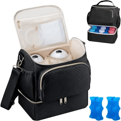 Wearable Breast Pump Bag with Cooler Compartment Compatible with Willow/Elvie/Medela/Momcozy M5/S12 Pro, Breast Milk Cooler Travel Bag with Ice Pack, Pumping Bags for Work, Black