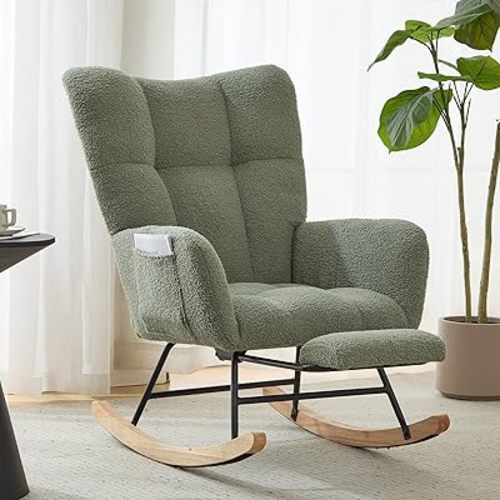 ETCZOYE Nursery Rocking Chair Teddy Upholstered Glider Rocker with Footrest Accent Chair with High Backrest Armchair Comfy Side Pocket Chair for Living Room, Bedroom, Offices (Large Green)