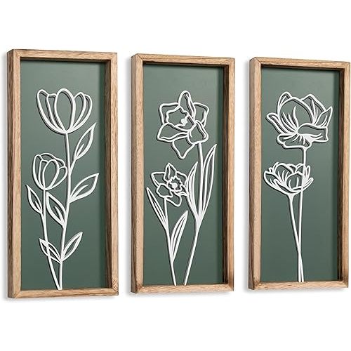 3D Floral Green Wall Art (Set of 3) Lightweight, Wooden Ready-to-Hang Boho Framed Wall Art for Bathroom, Master Bedroom, Living Room or Office - Premium Sage Green Farmhouse Decor - Gift-Boxed