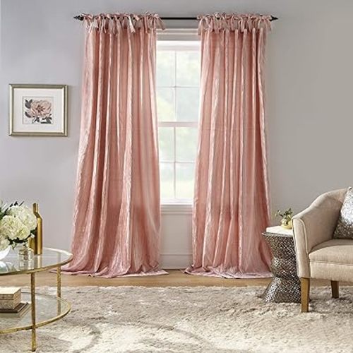 Elrene Home Fashions Korena Tie-Top Crushed Velvet Window Curtain Panel, Rustic-Chic Curtain Panel for Living Room or Bedroom, 52 Inches by 95 Inches, Blush, 1 Panel