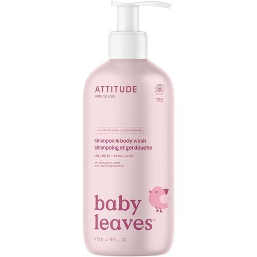ATTITUDE 2-in-1 Shampoo and Body Wash for Baby, Fragrance-Free EWG Hypoallergenic Plant- and Mineral-Based Ingredients, Vegan and Cruelty-Free, Unscented, 16 Fl Oz
