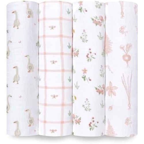 aden + anais Essentials Baby Muslin Swaddle Blankets, Newborn Receiving Blanket for Swaddling, 100% Cotton Baby Swaddle Wrap, 4 Pack, Country Floral