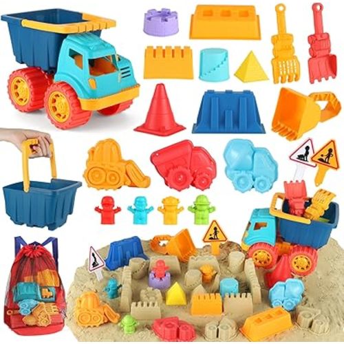 Elovien Beach Sand Toys, Large Dump Truck with Bucket, Sandbox Construction Toy Sand Castle Building Kit with Mesh Bag, Sand Molds, Shovels, Worker Figures, Kids Toddlers Summer Outdoor Travel Toys