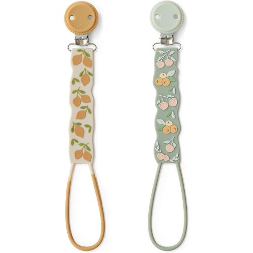 Moonkie Flat Silicone Pacifier Clips (2-Pack) – One-Piece Strap Holders, Binky Clips for Baby Boys & Girls, Gift-Ready Baby Essentials (Fruit Garden)