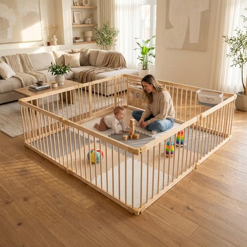 Miotetto Baby Playpen, Wooden Playpen for Babies and Toddlers, Foldable Fence with Montessori Activity Panel, Storage Basket & Gate, Portable, Easy to Assemble Baby Play Pen Natural Wood Playyard
