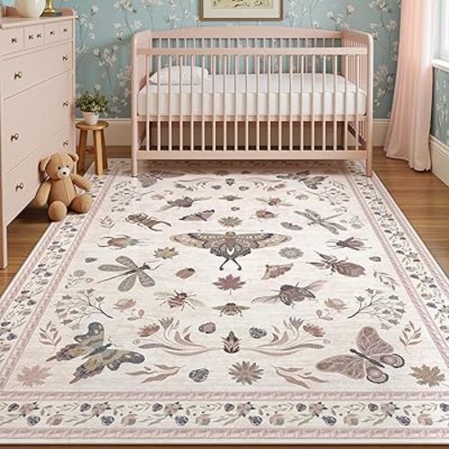 5x7 Pink Insect Print Nursery Rug, Washable Soft Pink Rugs for Bedroom Girls Living Room, Modern Non Slip Ultra-Thin Cute Indoor Accent Carpet for Kids Room Dorm Classroom Playroom