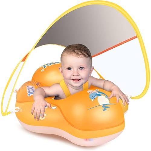 LAYCOL Baby Pool Float with Canopy UPF50+, 5 Point Safety Buckle No Flip Over, Inflatable Toddler Floaties Infant Pool Floats with Double Air Chambers, Baby Beach Essentials/Traval for 3-36M Orange S