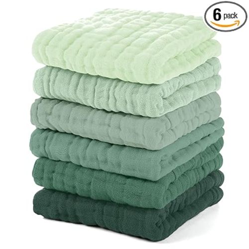 Unnivoll Muslin Burp Cloths Baby 12''X12'', Baby Washcloths 6 Pack, 100% Cotton Baby Wash Cloths Absorbent and Soft for Newborn Infants Kids Boys Girls - Gradient Green