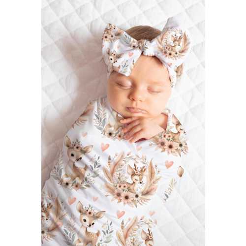 Floral Deer Baby Girl Swaddle Blanket | Bow Knotted Hat Beanie Cap | Baby Shower Gift | Newborn Photo Prop | Coming Home Outfit | Boho Theme