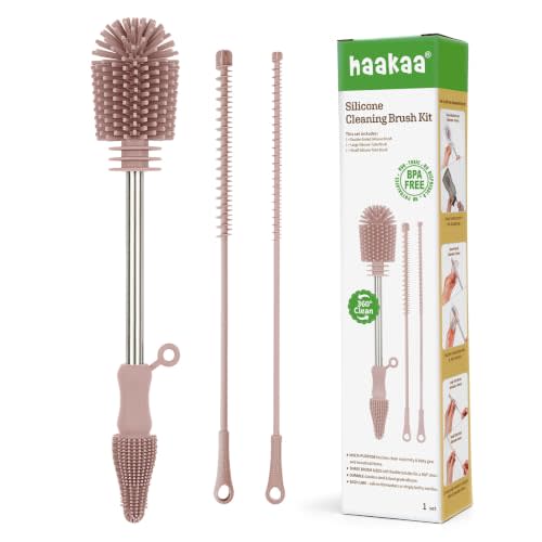 Haakaa Silicone Cleaning Brush Kit - Baby Bottle Brush Cleaner for Breast Pump,Nipple,Breast Milk Storage Bag,Reusable Straw,Sippy Cup - Food Grade Silicone Bristles, Portable - 3 Pcs - Pink