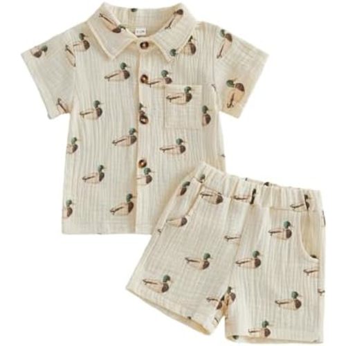 Toddler Baby Boy Summer Clothes Cotton Linen Dinosaur/Duck Short Sleeve Button Dress Shirt Shorts Muslin 2 Piece Set