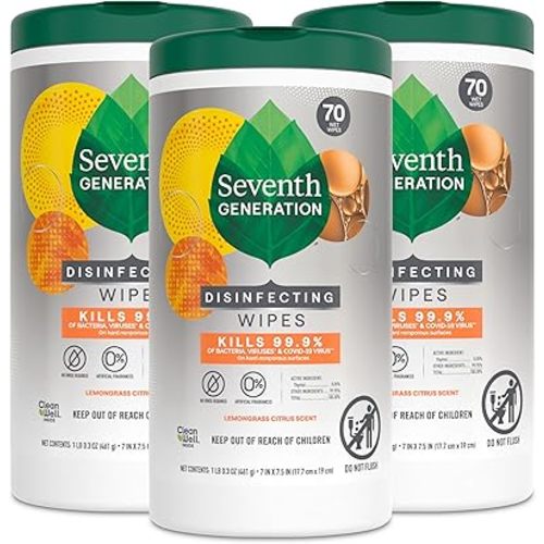 Seventh Generation Disinfecting Multi-Surface Wipes, Lemongrass Citrus, 70 Count, Pack of 3 (Packaging May Vary)