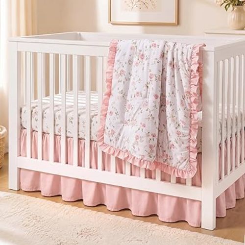 Hahafelt 3 Pieces Pink Floral Crib Bedding Set for Girls, Ruffle Baby Comforter, Fitted Sheet & Dust Ruffle Skirt, Soft Boho Nursery Bedding for Newborn Infant Toddler, Fits Standard Crib Mattress