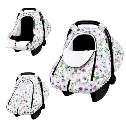Winter Car Seat Cover Baby, GFU Warm Carseat Cover for Babies, Universal Infant Car Seat Canopy Waterproof, Cold Weather Shield Coats Purple Flowers