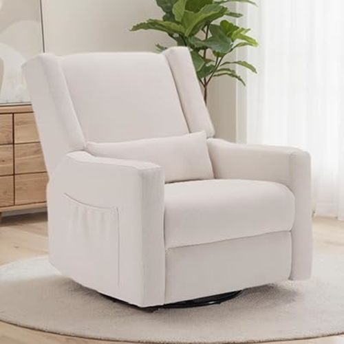 Tbfit Nursery Rocking Chair, 360° Swivel Recliner Chair with Lumbar Support for Bedroom, Comfy Upholstered Armchair with Pillows & Footrest for Living Room & Baby Room