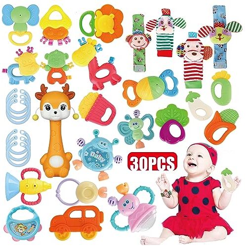 Cocurb 30 Pcs High Contrast Baby Toy Gift Set for Infants - Rattles, Teething Toys & Wrist Socks - Suitable for 6-12 Months - Perfect Baby Toys for Boys and Girls