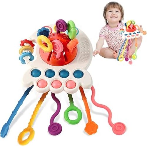 Hooku Montessori Toys for 1 Year Old, Sensory Toys for Babies, Food Grade Silicone Pull String Activity Toy, Fine Motor Toys, Baby Travel Toys, Toddler Baby Girl Boy Gifts