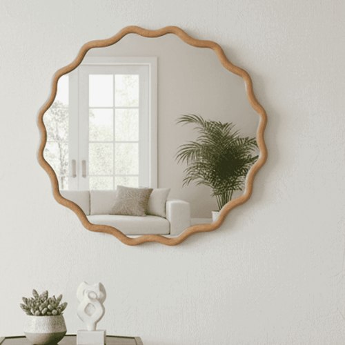 Kadyn 24" Wavy Round Accent Mirror, Decorative Wall Mounted Mirror for Home Bedroom Living Room Entryway, Premium Solid Wood Frame Design, Natural Wood Color