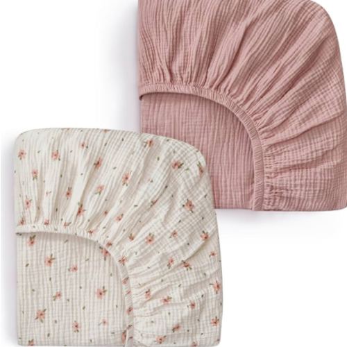 Blissful Diary Muslin Crib Sheets for Girl Boy, Boho Neutral Soft Cotton Baby Sheet for 52''x28'' Standard Crib Mattress, 2 Pack(Pink Floral&Light Pink)