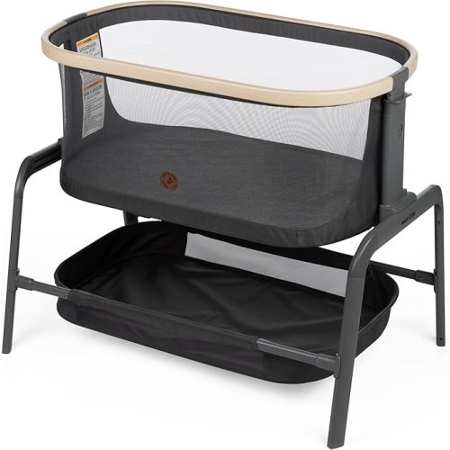 Maxi-Cosi Iora Baby Bassinets Bedside Sleeper, Portable Bassinet, Infant Bedside Sleeper Crib, Height Adjustable, Breathable Mesh, Large Storage Basket, Classic Graphite