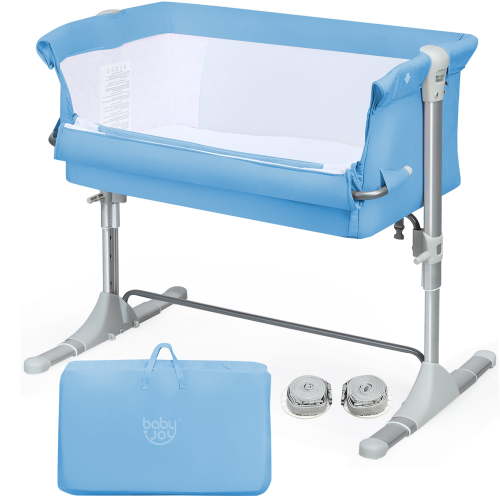 Babyjoy Bedside Bassinet - Adjustable, Portable Infant Sleeper with Mattress & Mesh Sides, Blue