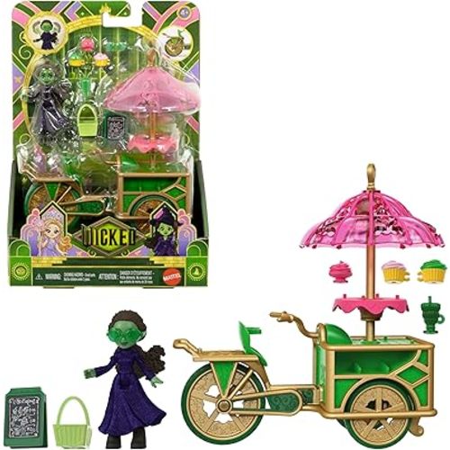 Mattel Universal Pictures’ Wicked Emerald City Dessert Cart Toy with Cart & Elphaba Small Doll & 7 Accessories, Inspired by The Movie