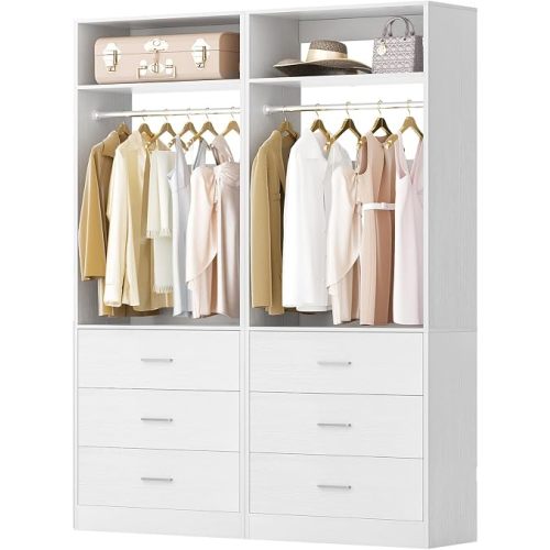 Besiost Closet System Set of 2, 4FT Closet Systems with 6 Wood Drawers, 48" Closet Organizer System with 2 Hanging Rods & 2 Shelves, Heavy Duty 48 Inch Walk-in Closet , White (48"L x 15" W x 80" H)