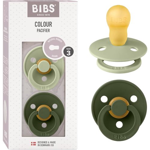 BIBS Pacifiers Colour Collection | Natural Rubber Baby Pacifier | Set of 2 BPA-Free Soothers | Made in Denmark | 0+ Months (Pack of 2) | Sage/Hunter Green