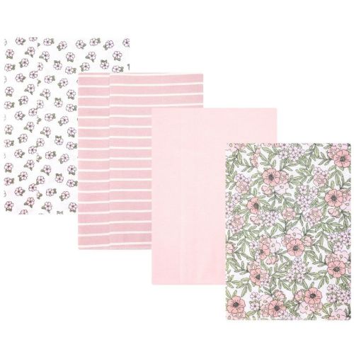 Hudson Baby Girls Cotton Poly Flannel Burp Cloths 4-Pack, Soft Pink Floral, One Size