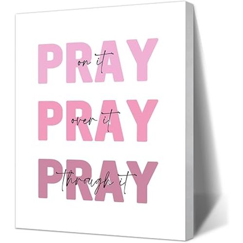 Pink Motivational Wall Decor, Inspirational Canvas Wall Art -Pray on it Pray over it- Home, Office Wall Art Prints Decor, Pink Christian Decoration for Office, Framed Canvas Gifts for Women Men,Bosses Day Gift