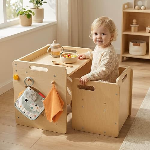 Montessori Table and Chair Set - Adjustable Toddler Weaning Table with Storage Box & Table Mat, Baby Furniture Gift for 1-3 Year Old Kids Learning, Play and Mealtime