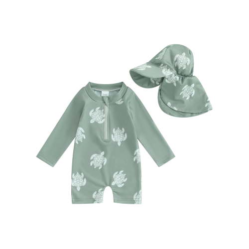 Qtinghua Infant Toddler Baby Boys Rash Guard Swimsuit Romper Long Sleeve Turtle/Dinosaur Print Bathing Suit Swimwear with Swim Cap Green 3-6 Months