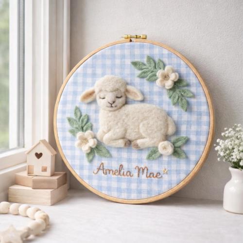 Personalized Lamb Nursery Wall Decor, Needle Felted Wool Art Hoop, Baby Name Wall Hanging, Newborn Gift, Farm Nursery Decor