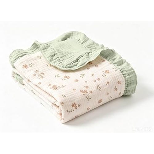 Organic Baby Blanket Flounce Edge Large 50"x43" Floral, 100% Muslin Cotton Super Soft Breathable Toddler Quilt Crib Blankets Gender Neutral for Baby Boys and Girls Bassinet, Bed, Stroller & Snuggling
