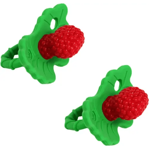 RaZbaby RaZberry Silicone Baby Teether Toy - Berrybumps Soothe Babies Sore Gums - Infant Teething Toy - Hands Free Design - BPA Free - Easy-to-Hold Design - Teething Relief Pacifier - Fruit Shape (2-Pack, Red/Red)