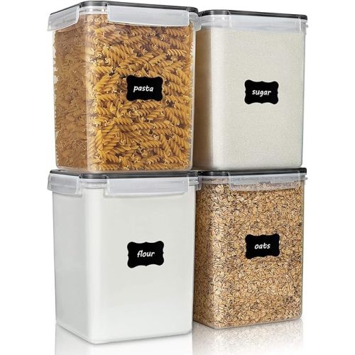 Vtopmart 4 PCS Large Food Storage Containers 5.2L / 175oz, 4 Pieces BPA Free Plastic Airtight Canisters for Flour, Sugar, Baking Supplies, Rice with Lids, 4 Measuring Cups and 24 Labels, Black