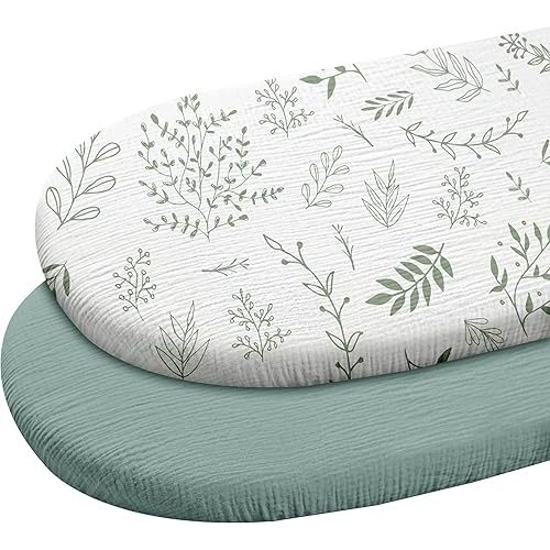 Muslin Bassinet Fitted Sheets, 2 Pack for Baby Boy and Girl, Soft Breathable Stretchy Baby Pad/Mattress Sheet Set, Universal Fit for Hourglass Oval and Rectangle Bassinet Mattress (Bright Leaves)