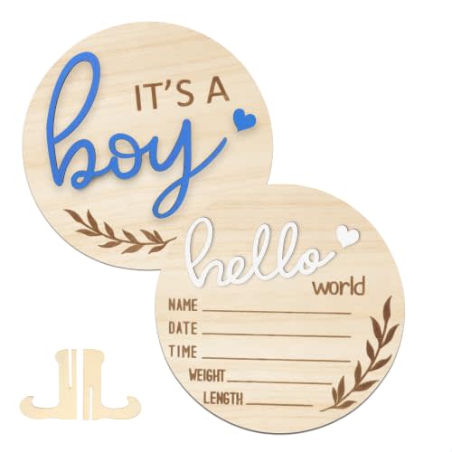 Hello World Newborn Sign Boy, Gender Reveal Birth Announcement Sign | 2PCS 5.9 Inch Its a Boy and Hello World baby Welcome Board Wooden Name Plaque for Photo Props Baby Shower Hospital Nursery
