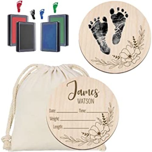 Mayyi Newborn Birth Announcement Sign,Personalized Newborn Handprint and Footprint Sign,Custom Engraved Wooden Baby Name Sign,Newborn Photo Props, Hello World Newborn Announcement for Hospital
