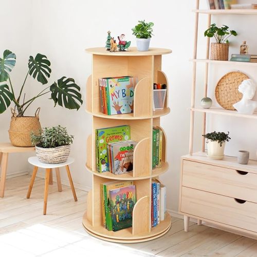 OOOK Kids Rotating Bookshelf Tower, 3 Tier Spinning Floor Standing Montessori Bookshelf Storage Rack, Large Chassis 360 Display for Small Space, Kids Room, Nursery
