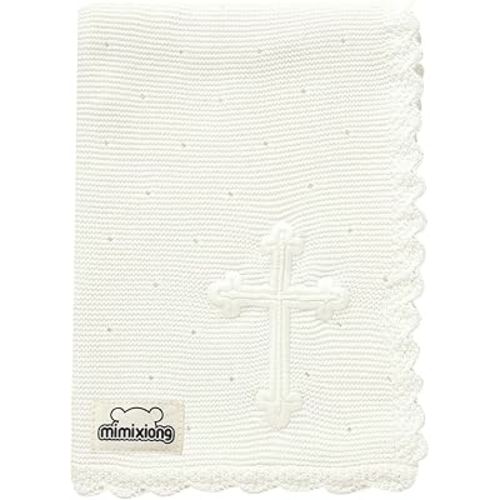 mimixiong Baby Christening Blanket Cotton Soft Knit with Stitching Cross Swaddle Blanket for Nursery Swaddling Baptism Gift Off White 30x40 Inch