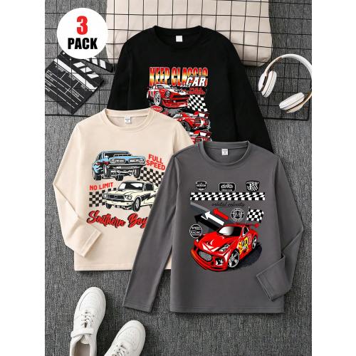 3pcs Newborn Baby Casual Racing Theme Print Long Sleeve T-Shirt Set, Suitable For Party, School, Campus And Outings