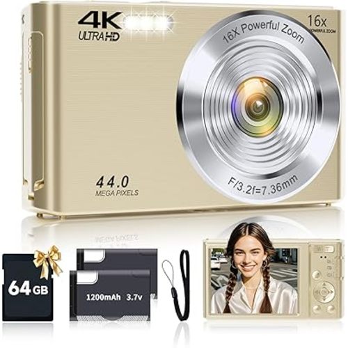 Digital Camera, 2026 FHD 4K Autofocus Digital Camera with 64GB SD Card 16X Digital Zoom, Gold Cameras for Photography Portable Compact Point and Shoot Camera for Teens Adult Kids Gift