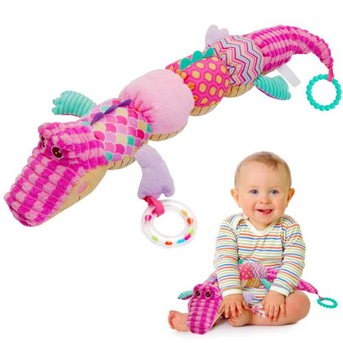 BTEPSGA Baby Toys Musical Soft Toy: Infant Toys Stuffed Animal with Rattles Crinkle & Ruler Design, Newborn Sensory Toys for Tummy Time Babies Girl Boy 0 3 6 9 12 Months Gifts, Crocodile Pink