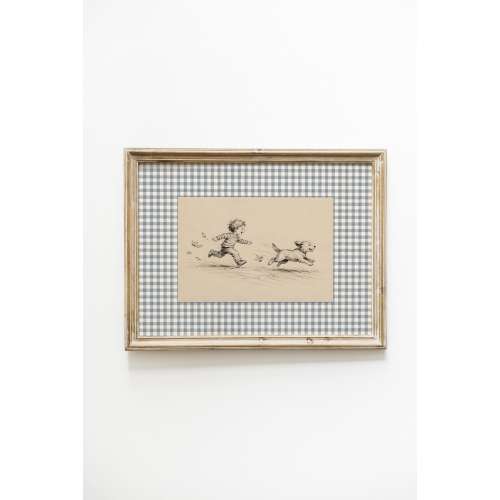 Boys Nursery Wall Art, Boy and Dog Print, Blue Gingham Storybook Decor