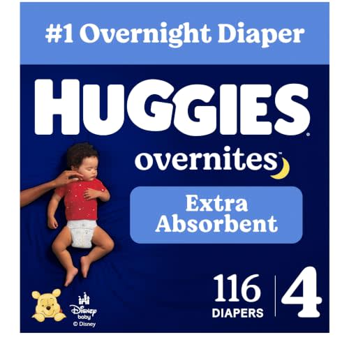 Huggies Size 4 Overnites Baby Diapers: Overnight Diapers, Size 4 (22-37 lbs), 116 Ct (2 Packs of 58), Packaging May Vary