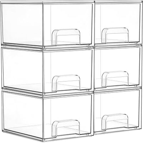 Vtopmart 6 Pack Small Clear Stackable Storage Drawers,Acrylic Bathroom Makeup Organizer,Plastic Storage Bins For Vanity, Undersink, Kitchen Cabinets, Pantry, Home Organization